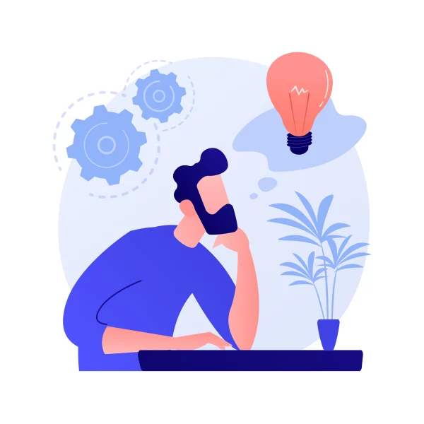 Sinapi Impulsion – Penser et innover Business idea generation. Plan development. Pensive man with lightbulb cartoon character. Technical mindset, entrepreneurial mind, brainstorming process. Vector isolated concept metaphor illustration
